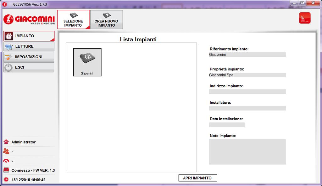 5.2 Apertura impianto esistente Dal menù IMPIANTO richiamare il sottomenù SELEZIONA IMPIANTO Figura 14 Lista Impianti Seleziona Impianto Verrà mostrata la lista degli impianti già