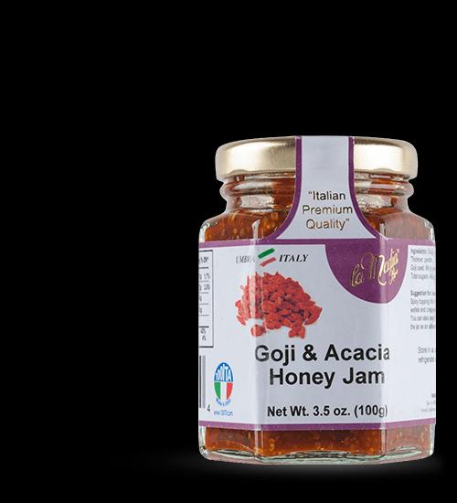 Confettura extra di Goji con miele di Acacia Shelf life: 30 Mesi Descrizione: Deliziosa confettura a base di bacche di Goji e miele di Acacia ideale per