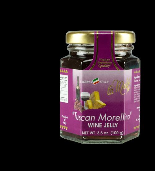 Gelatina di Morellino Descrizione: Deliziosa gelatina a base di vino Morellino, dal sapore incredibilmente fedele al vino contenuto, nata per accompagnare in