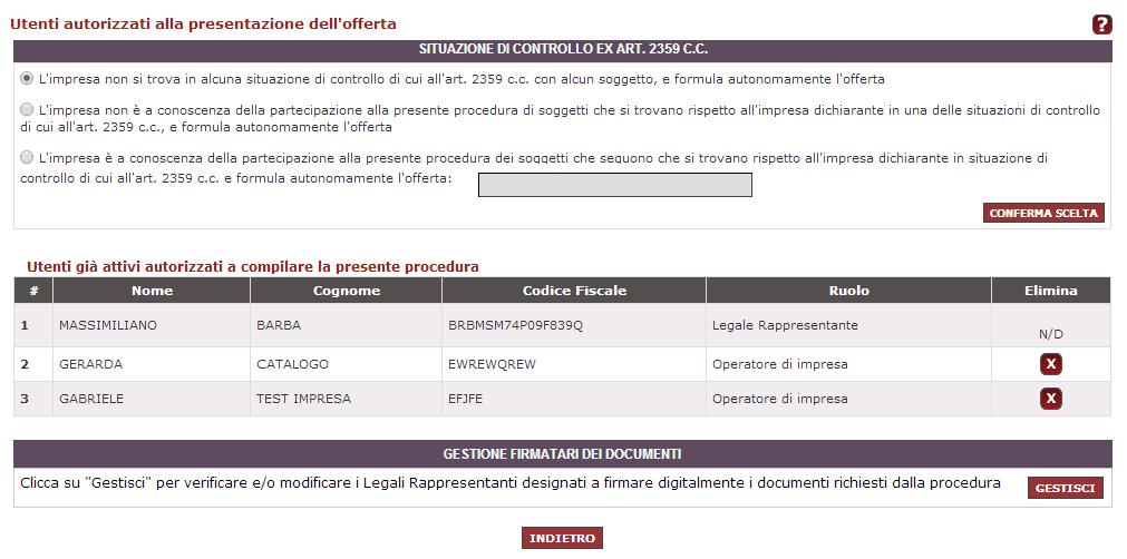 Figura 10 - Menù relativo alla Gestione degli utenti 2.4. Passo 4 Documenti di partecipazione ed eventuali allegati In questo passo devi inserire i documenti amministrativi destinati alla Busta A.