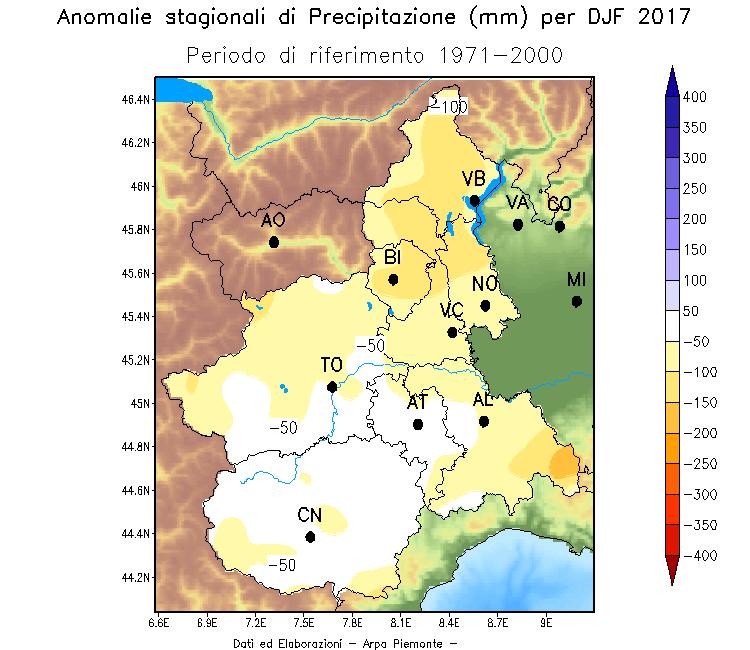 Figura 13 - Anomalia della precipitazione nell inverno 2016/2017 rispetto alla media del periodo 1991-2010.