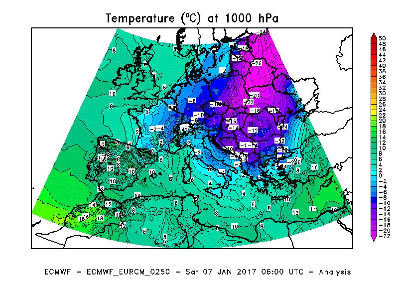 Figura 5 Temperatura a 1000 hpa alle ore 06 UTC del 7 gennaio 2017.