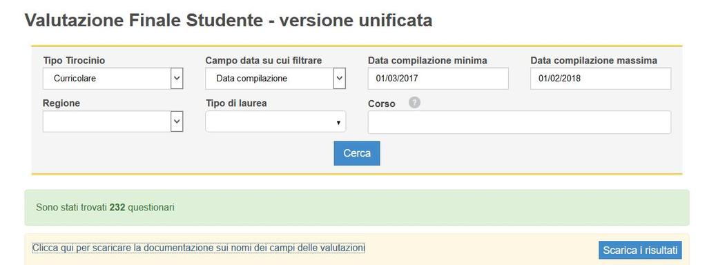 Estrazione dati Menu Convenzioni e tirocini -> Reportistica -> Valutazioni ricevute -> Curriculari compilati