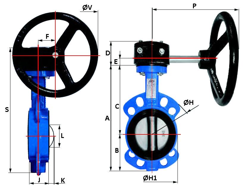 DIMENSIONI VALVOLA FARFALLA MANUALE CON RIDUTTORE AD INGRANAGGI A VOLANTINO (GEAR) DN Ø Modello GEAR A B C D E F ØH ØH1 J K L P S ØV 40 1"1/2 RV 18 : 1 190 60,4 129,6 53,5 26,5 42,5 145 83,5 33 4,25