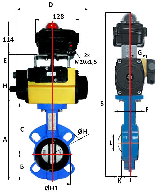 DIMENSIONI VALVOLA FARFALLA PNEUMATICA A SEMPLICE EFFETTO DN Ø Modello AP S.E. A B C D E F G H ØH ØH1 J K L S 40 1"1/2 AP1SR 190 60,4 129,6 142 46 60 41 67 145 83,5 33 4,25 19,7 417 50 2" AP3SR 207