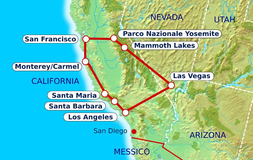 Mappa del tour L itinerario Sognando California vi permetterà di conoscere i fantastici luoghi della costa ovest