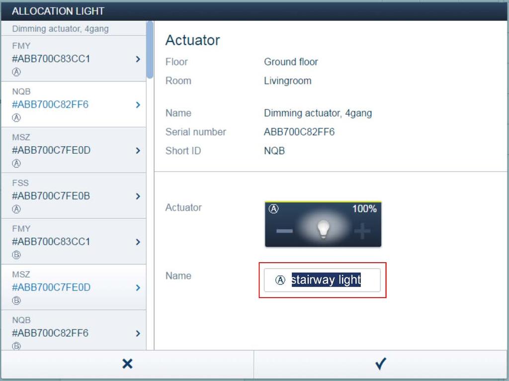 Messa in funzione Assegnazione del nome Fig. 11: Assegnazione del nome Inserire un nome facilmente comprensibile per potere visualizzare in seguito l'applicazione (ad es. "Luce delle scale").