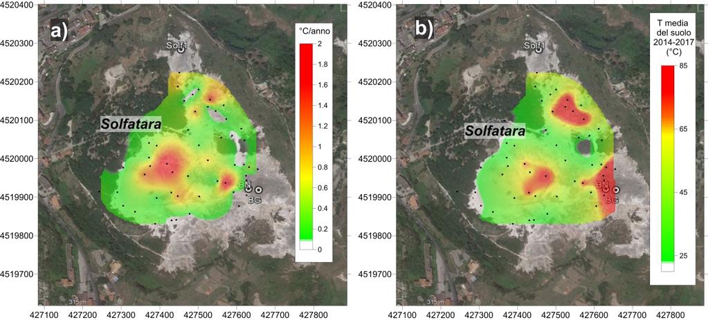 Figura 3.3 Cronogramma della media delle temperature del suolo (a 10 cm di profondità) misurate su 61 punti fissi nell area craterica della Solfatara.