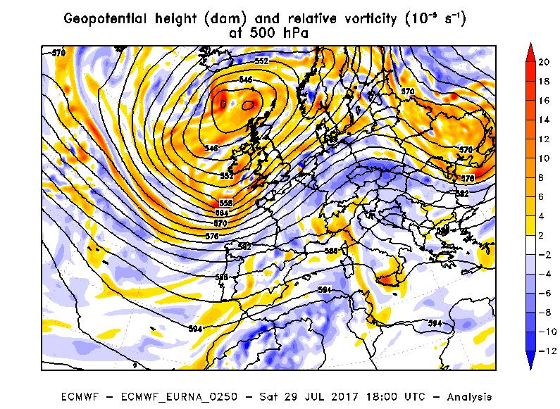 Figura 4 - Altezza di geopotenziale e vorticità relativa a 500 hpa alle ore 18 UTC del 29 luglio 2017.