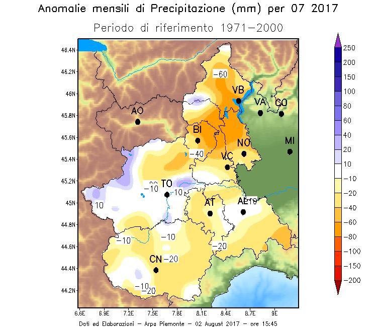 Analizzando la distribuzione territoriale dell anomalia di precipitazione (Figura 6), notiamo come la precipitazione sia stata carente soprattutto tra Verbano, Novarese e Biellese, mentre si sono