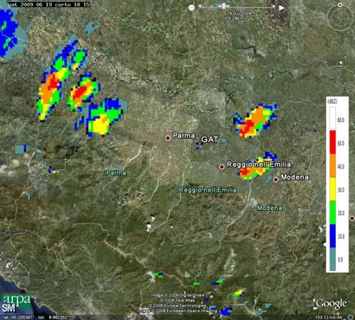 Mappa di riflettività del 19 giugno 2009 alle 18:15 UTC.