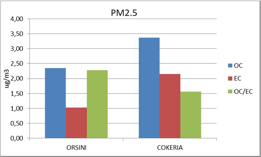 RISULTATI: EC/OC PM1: concentrazioni di OC ed EC comparabili nei 2 siti OC/EC nel PM1: valore confrontabili nei due