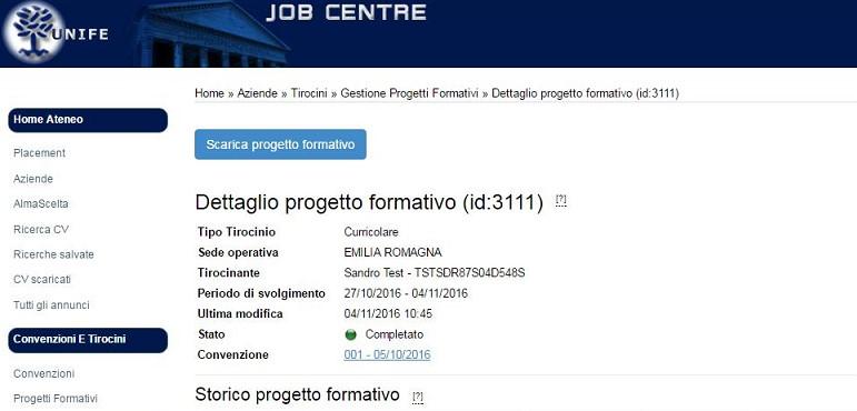 Per fare ciò, sarà necessario accedere alla sezione progetti formativi, cliccare su dettaglio del progetto formativo da stampare (immagine 5) e cliccare su Scarica progetto