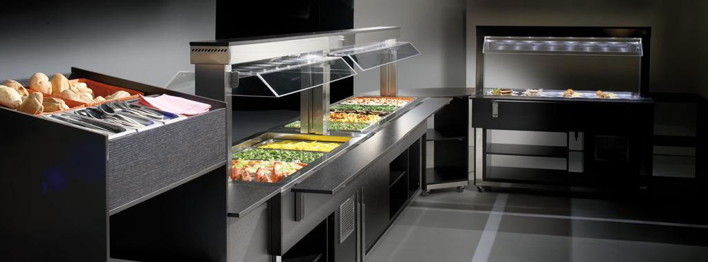 Static or blown-air cold units and Bain Marie, dry or plate hot units. Cold blown-air multi-tier display units are also available.