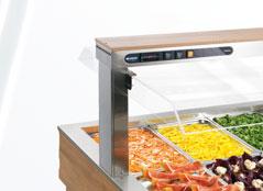 Tradition Food islands Isole del Gusto quadrate refrigerate con vasca statica, robusto telaio in acciaio cromato su ruote, ricco rivestimento in legno e sovrastruttura a ponte con cappottina