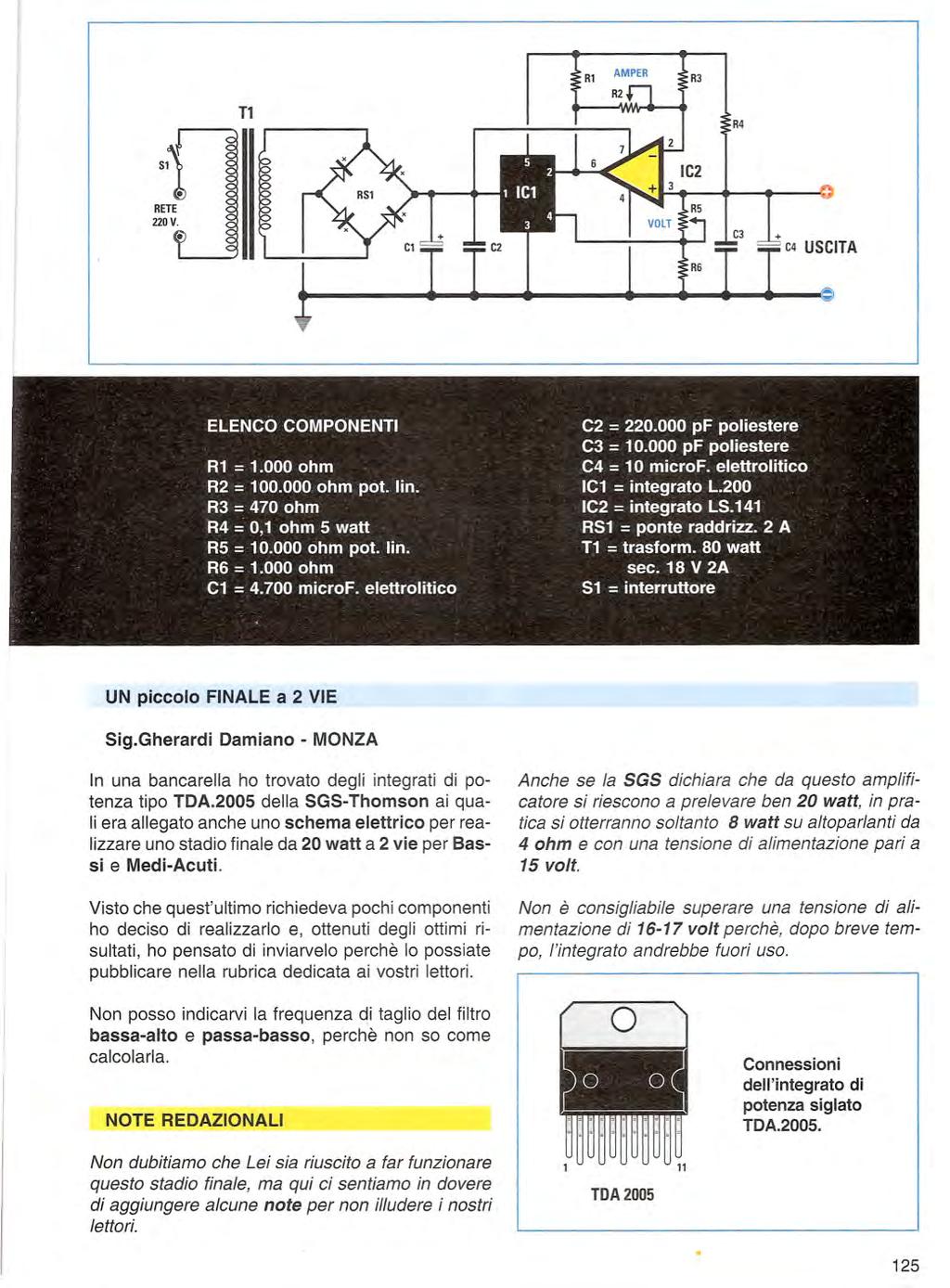 AMPER 51 RETE 220 V. UN piccolo FINALE a 2 VIE Sig.Gherardi Damiano - MONZA In una bancarella ho trovato degli integrati di potenza tipo TDA.