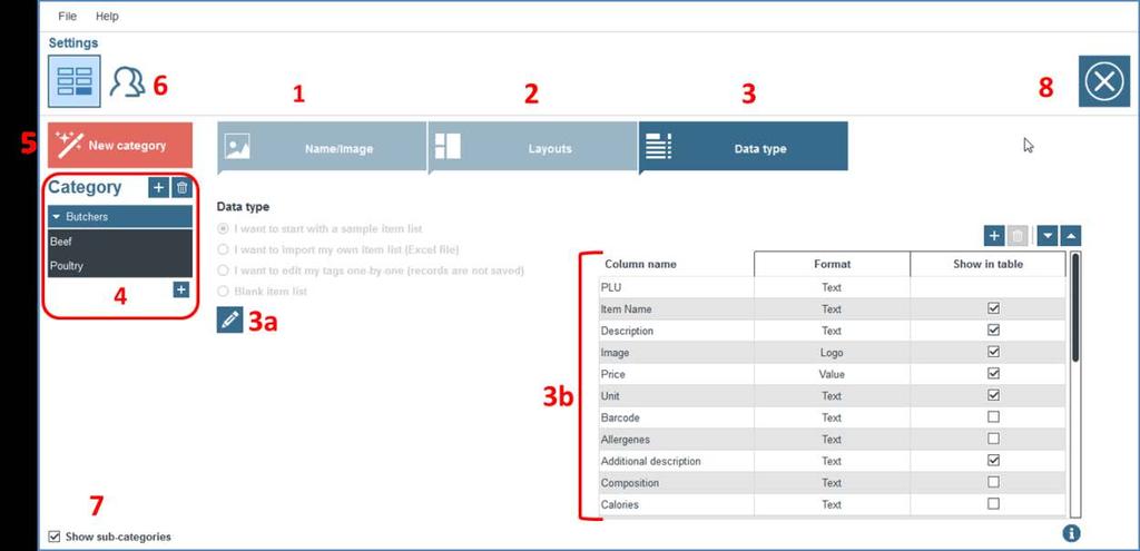 La scheda "Tipo di dati" (3) consente di effettuare le azioni seguenti: - Modificare l'origine dei dati (3a).