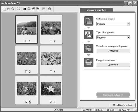 5 Fare clic su [Anteprima]. 6 Posizionare un segno di spunta accanto al numero dei fotogrammi di cui eseguire la scansione e fare clic su [Scansione].