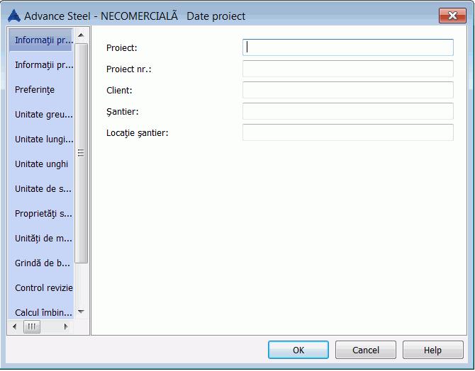 Crearea / modificarea datelor despre proiect Datele proiectului pot fi definite pentru model şi salvate odată cu acesta.