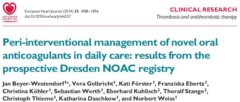 Procedures were performed in patients receiving rivaroxaban (n=656, 76%), dabigatran (n=203, 23.5%), apixaban (n=4, 0.5%). Most (78%) procedures were performed with NOAC interruption.