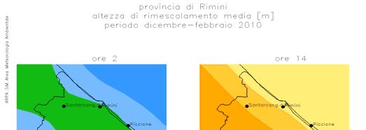 Fig. 2.3.1 - Valori di altezza di rimescolamento per l anno 2010 nella provincia di Rimini calcolata dal preprocessore Calmet.