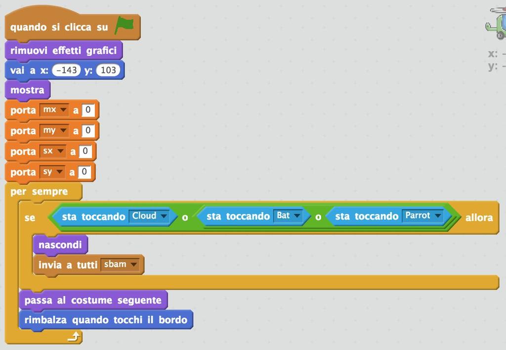 Helicopter L elicottero è il personaggio principale, l attore che possiamo muovere noi, con le freccette, se clicchiamo su a (di arrow, freccia in inglese) con il microbit, se clicchiamo su s, per