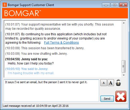 Client del cliente Bomgar Connect: Interfaccia della sessione di supporto tecnico Quando il cliente avvia una sessione con il tecnico di supporto, la sessione inizia come chat basata su Web o con il