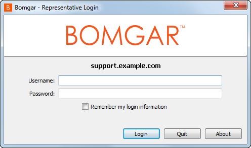 Accesso alla console del tecnico di supporto Bomgar Connect Dopo aver installato la console del tecnico di supporto Bomgar, avviarla dal percorso della sua directory, come spiegato nelle istruzioni