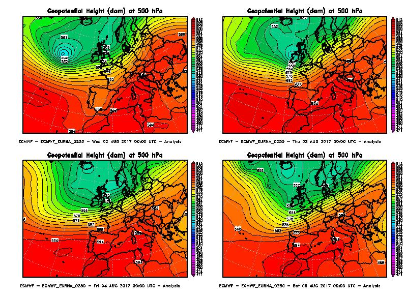 Figura 10 - Altezza di geopotenziale a 500 hpa alle ore 00 UTC tra il 2 agosto e il 5 agosto 2017, intervallata ogni 24 ore.