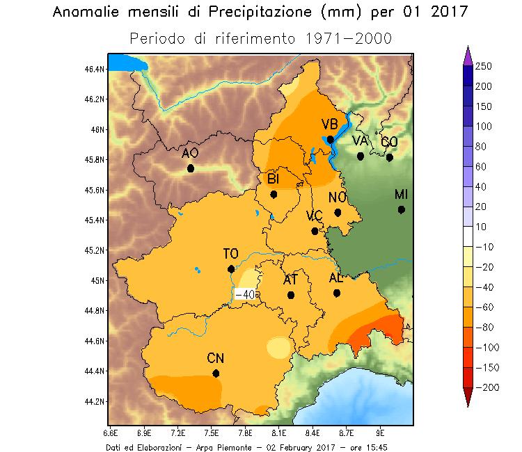 (*Periodo di riferimento 2000-2015 per Verbania e Biella) Le precipitazioni sono state nettamente inferiori ai valori medi del periodo 1991-2015 in tutti i capoluoghi di provincia; in particolare ad