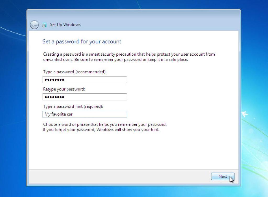 Passo 14 Viene visualizzata la schermata "Impostare una password per l'account".