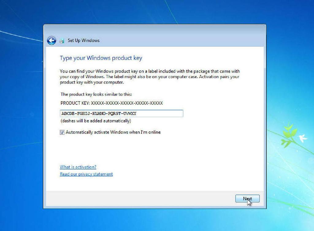 Passo 15 Viene visualizzata la schermata "Digitare il codice "Product Key" di Windows". In questa pagina, digitare il codice prodotto così come appare sulla custodia del DVD di Windows 7.
