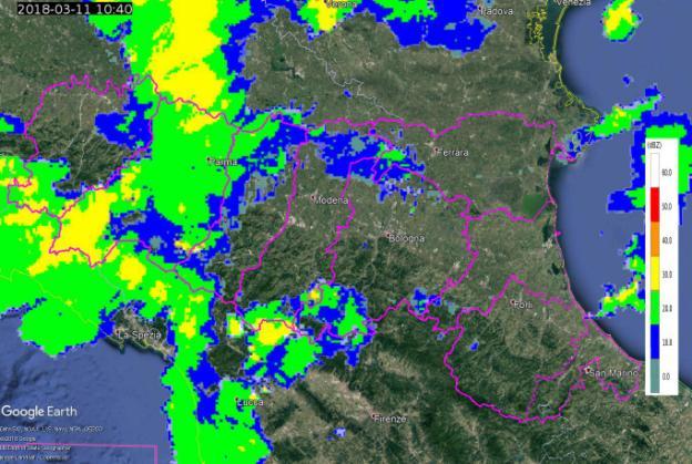 Dalle 08:30 UTC, complice lo spostamento dei sistemi verso nordest, le precipitazioni più intense si sono localizzate sulla