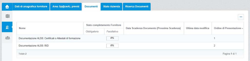 Compilazione del questionario dei dati di registrazione complementari Cliccando sul link Documenti, si