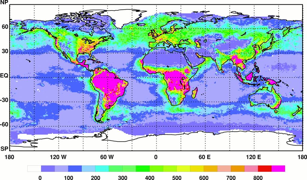 Figure 1. Global annual NPP (in grams of C per square meter per year) for the biosphere, calculated from the integrated CASA-VGPM model.