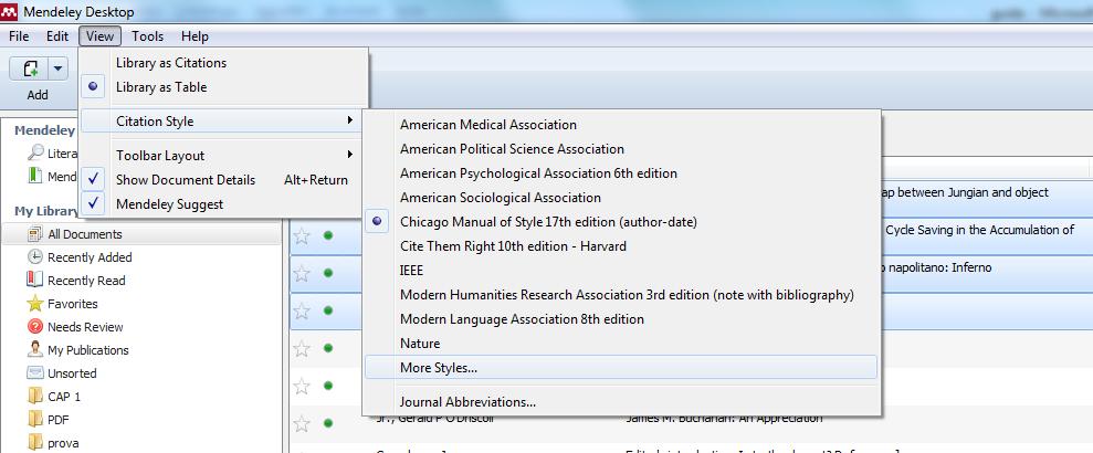 CREAZIONE DELLA BIBLIOGRAFIA Per creare una bibliografia formattata da un elenco di riferimenti selezionati (o da una cartella) si può seguire questa procedura: Modificare la visualizzazione in View