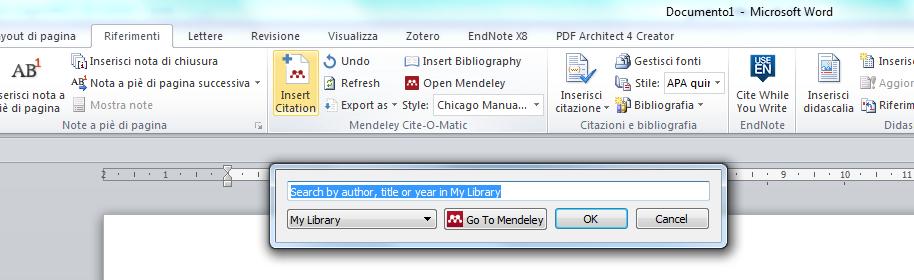 Una volta installato il plugin, i comandi di Mendeley compaiono: - In Libre Office come barra indipendente - In Microsoft Word nella tab Riferimenti ; in MS Word 2016 come Add-in I comandi principali