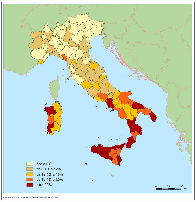 17 Tasso di disoccupazione: Bologna tra le province meno in difficoltà Come per il tasso di occupazione, anche la mappa sul tasso di disoccupazione illustra un Italia divisa sostanzialmente in tre: