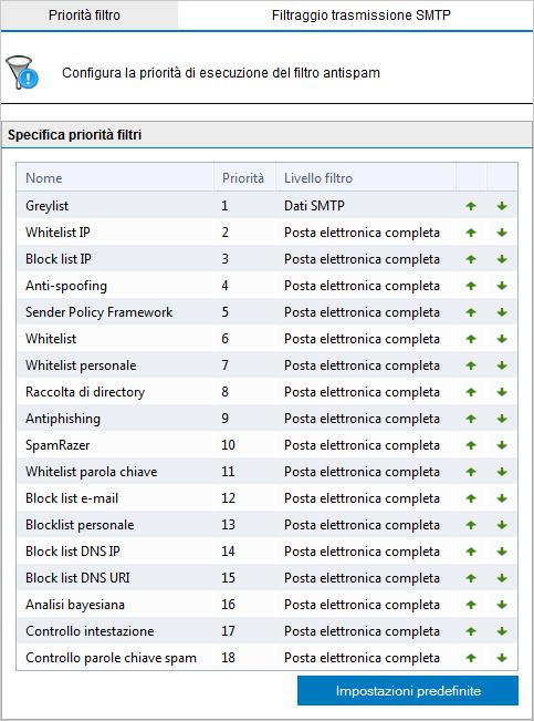Schermata 89: Assegnazione priorità filtro 2. Selezionare un filtro e fare clic sul pulsante (su) per assegnare una priorità superiore o fare clic sul pulsante (giù) per impostarne una inferiore.
