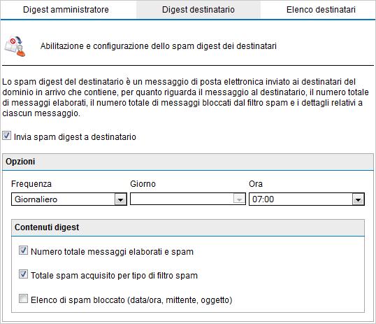 Schermata 92: Spam digest destinatario 2. Dalla scheda Digest destinatario, fare clic su Invia spam digest a destinatario per abilitare lo spam digest. 3.