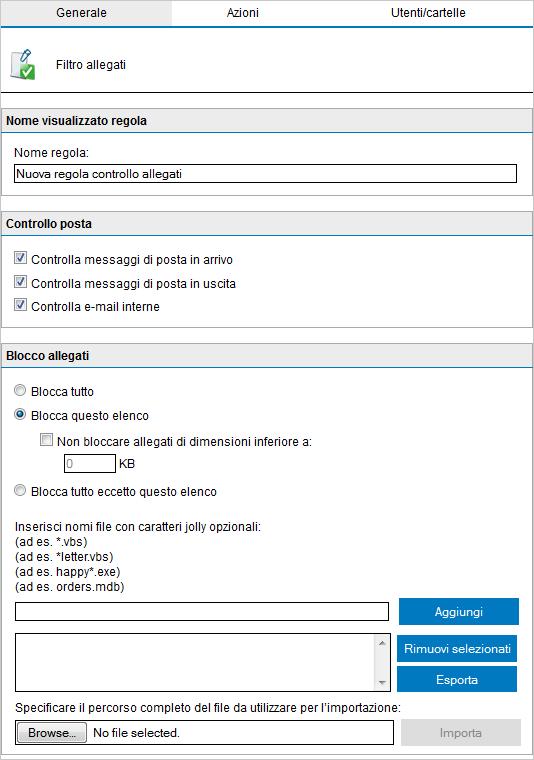 Passaggio 1: configurazione delle impostazioni di base delle regole e dei termini da bloccare 1. Selezionare Filtraggio contenuti > nodo Filtraggio allegati. 2. Fare clic su Aggiungi regola.