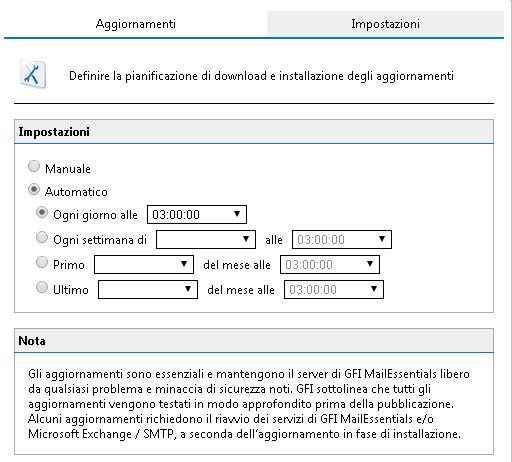 Schermata 136: Disabilita o modifica pianificazione aggiornamenti prodotto 2. Modificare le opzioni seguenti: Opzione Manuale Automatico Disabilita pianificazione.