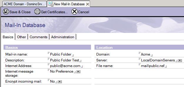 Schermata 13: Nuovo mail-in database 7. Da Lotus Notes Administrator, configurare la cartella per l utilizzo della posta. Andare a People and Groups (Persone e gruppi) e selezionare Mail-In Database.