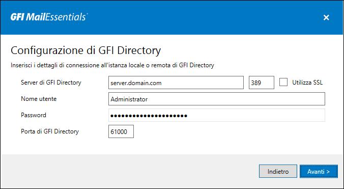 2.3.3 Installazione di GFI MailEssentials con GFI Directory GFI MailEssentials può recuperare gli utenti da un'istanza remota di GFI Directory.