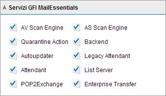 Servizi Schermata 26: I servizi di GFI MailEssentials L area Servizi visualizza lo stato dei servizi di GFI MailEssentials. : indica che il servizio è avviato. : indica che il servizio è arrestato.