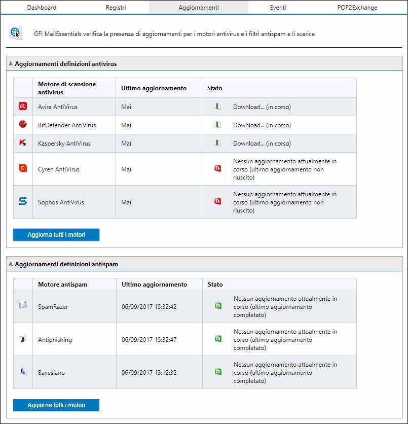 Schermata 31: Aggiornamenti motori di scansione antivirus Per controllare la presenza di aggiornamenti e scaricarli, far clic su Aggiorna tutti i motori.