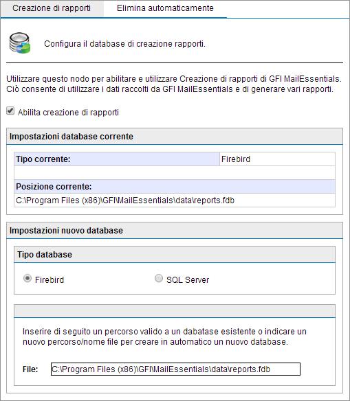 Configurazione di un database back-end Firebird Schermata 38: Configurazione di un database back-end Firebird 1. Selezionare Creazione di rapporti > Impostazioni. 2.