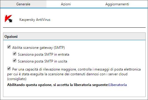 Schermata 48: configurazione Kaspersky 2. Selezionare la casella di controllo Abilita scansione gateway(smtp) per scansionare i messaggi mediante questo motore di scansione antivirus. 3.