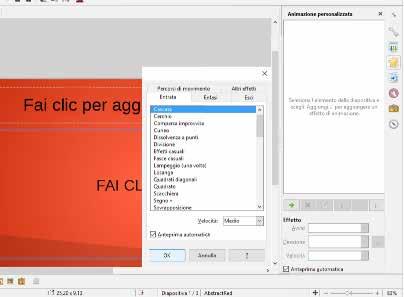Effetti speciali Una volta create le diapositive e averne stabilito l ordine finale, si può lavorare sugli effetti animati da applicare agli oggetti contenuti nelle slide e alle transizioni, cioè al