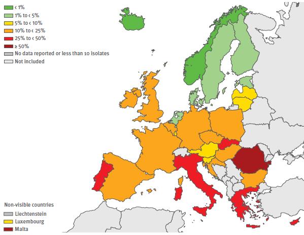 S. aureus meticillino resistente (MRSA) - BSI in Europe: proportions (2013) and trends Overall EU trend